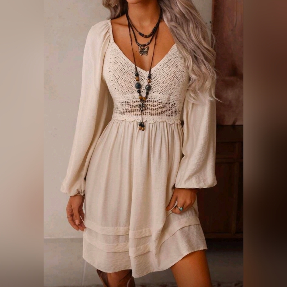 New Boho Crochet Long Sleeve Short Dress Cream Ivory